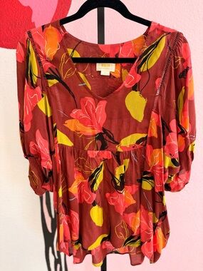 Maeve Rust Floral Peasant Top Size Small